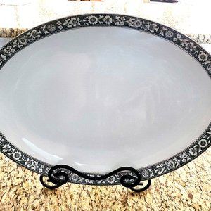 SANGO NAVARRO #6283 Large Oval Serving Platter Gray Floral 16" x 12" ~ JAPAN